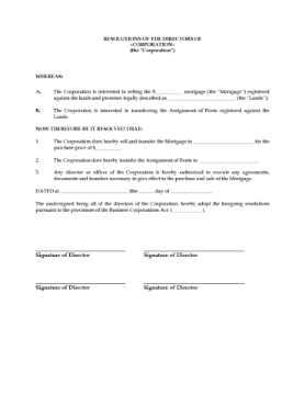 Canada Directors Resolution approving sale of mortgage Resolutions of the directors of a Canadian corporation to approve the sale of a mortgage