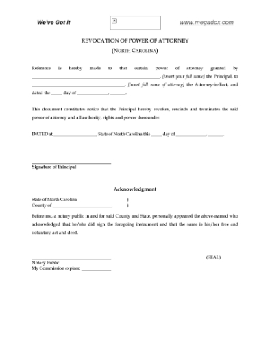 Picture of North Carolina Revocation of Power of Attorney