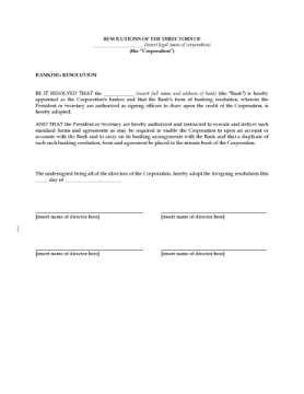 USA Directors Resolution to Designate Bank Resolution of the directors of a U.S. corporation designating the corporation's bankers