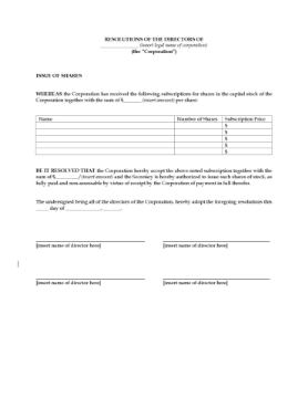 Directors Resolution to Issue New Shares Resolution of the directors of a U.S. corporation authorizing the issuance of new shares