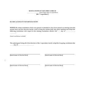 Directors Resolution to Ratify Past Resolutions Resolution of the directors of a U.S. corporation to ratify past resolutions