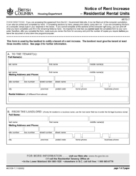 British Columbia Notice of Rent Increase British Columbia Notice of Rent Increase