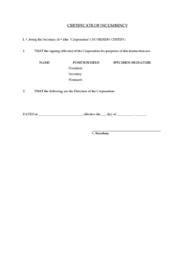 Canada Certificate of Incumbency Certificate of Incumbency for a Canadian corporation
