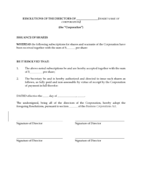 Directors Resolution to Issue Warrant Shares Resolution of the directors of a corporation to issue warrant shares