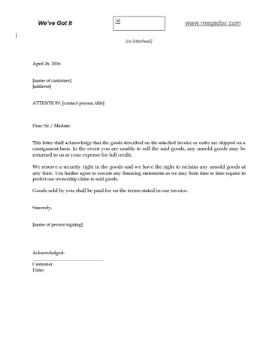 Letter of Goods Shipped on Consignment Letter setting terms for shipping goods sold on consignment