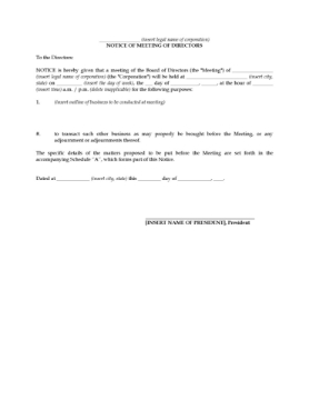 USA notice of directors meeting Notice of meeting of directors of a U.S. company