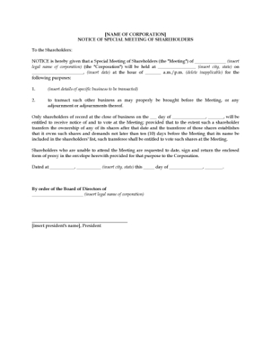 Picture of Notice of Special Shareholders Meeting | USA