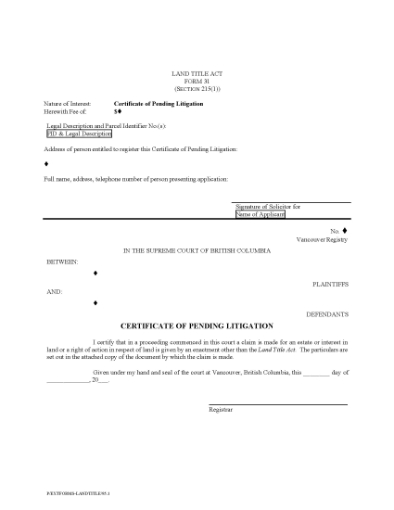 Picture of British Columbia Certificate of Pending Litigation Form 31