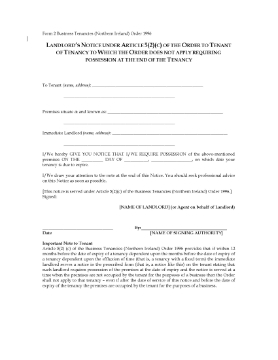 Show details for Northern Ireland Notice to Tenant of Possession of Business Premises Picture of Northern Ireland Notice to Tenant of Possession of Business Premises