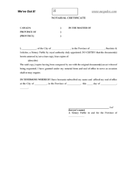 Notarial Certificate Form for Canada Notarial Certificate Form for Canada