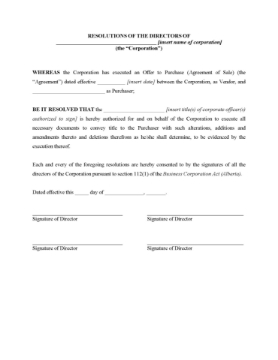 Alberta Directors Resolution Approving Sale of Land Alberta Directors Resolution Approving Sale of Land