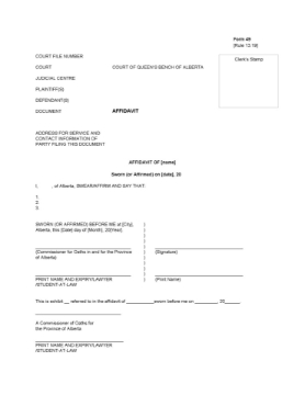 Alberta Affidavit Form 49 for Court of King's Bench Picture of Alberta Affidavit Form 49 (Court of King's Bench)