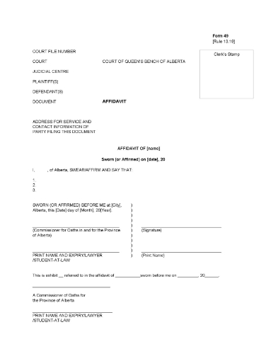 Picture of Alberta Affidavit Form 49 (Court of King's Bench)