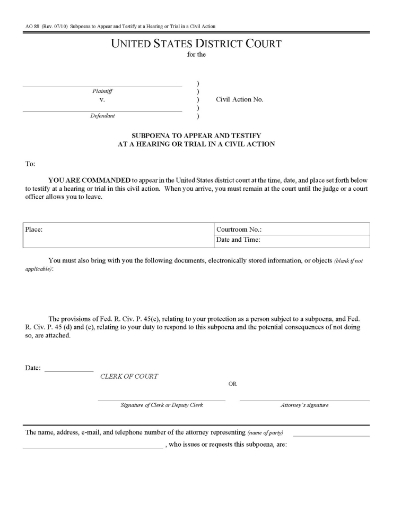 Subpoena to appear in court in connection with a civil action in the USA