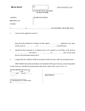 Alberta Statutory Declaration re Proof of Death Alberta statutory declaration to prove death of joint tenant