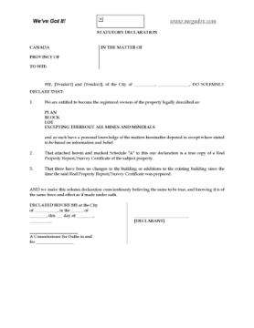 Alberta Statutory Declaration re Real Property Report Alberta Statutory Declaration with respect to a previously conducted Real Property Report for the property being sold