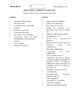 Show details for Employment Agreement Checklist Picture of Employment Agreement Checklist