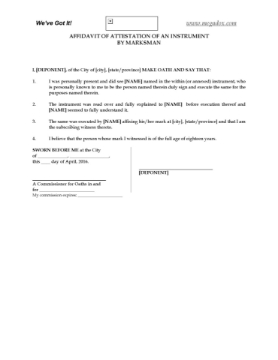Canada Affidavit of Attestation by Marksman Canada Affidavit for a person who is unable to sign but can make a mark