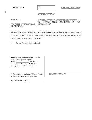 Affirmation to be signed instead of swearing an affidavit in Canada