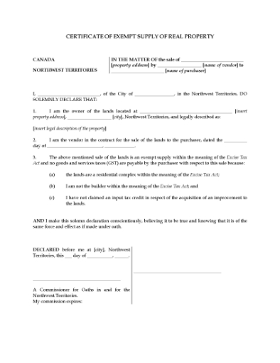 Picture of Northwest Territories GST Certificate of Exempt Supply