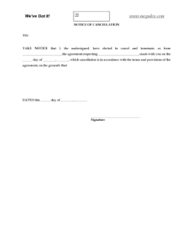 Notice of Cancellation of Agreement Notice to interested parties that you are cancelling an agreement