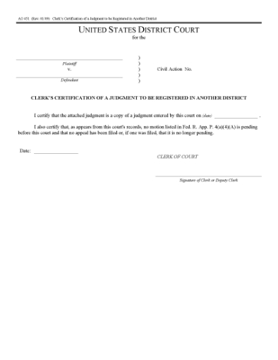 Picture of Clerk's Certification of Judgment to be Registered in Another District | USA