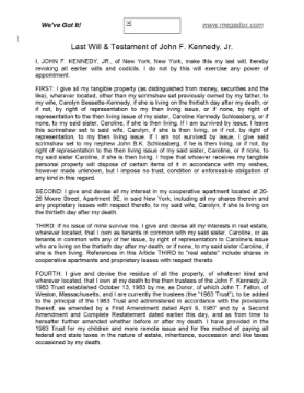 Last Will and Testament of John F. Kennedy Jr. Last Will and Testament of John F. Kennedy Jr
