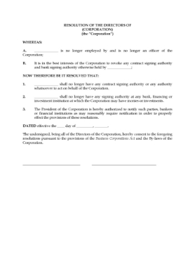 Canada Directors Resolution to revoke signing authority Directors resolution form to revoke signing authority for an officer of a Canadian business corporation