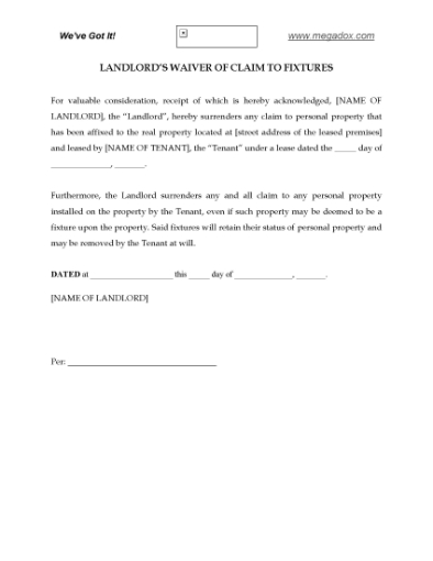 Picture of Landlord's Waiver of Claim to Fixtures (Residential)