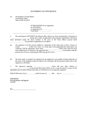 Canada Statement of Opposition to Registration of Trade Mark Canada Statement of Opposition to Registration of Trade Mark