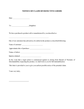 Notice to Supplier of Claim for Defective Goods Notice to Supplier of Claim for Defective Goods