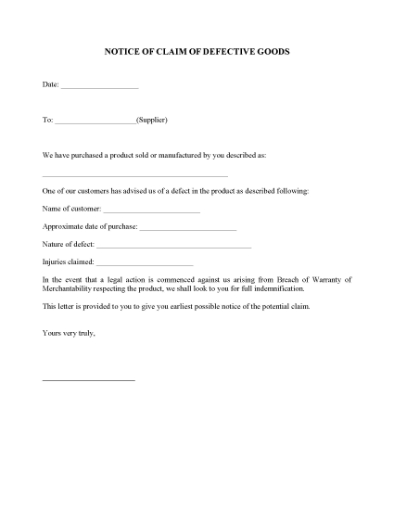 Picture of Notice to Supplier of Claim for Defective Goods