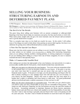Selling Your Business - Structuring Earnouts and Deferred Payment Plans Selling Your Business - Structuring Earnouts and Deferred Payment Plans
