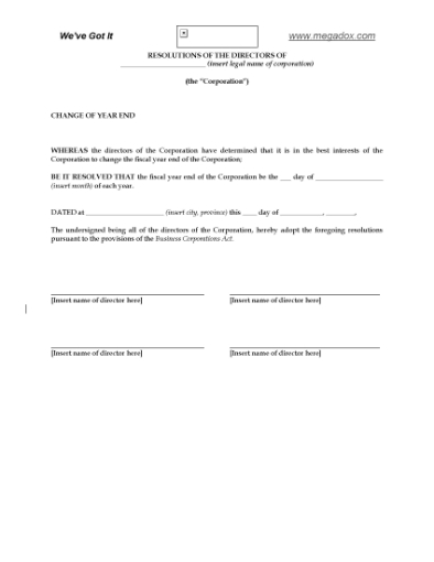 Picture of Directors Resolution to Change Fiscal Year End | Canada
