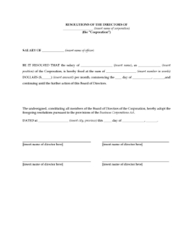 Canada Directors Resolution Fixing Salary of Officer Canada Directors Resolution Fixing Salary of Officer