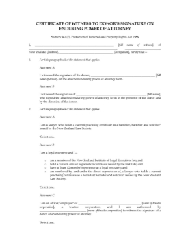 New Zealand Certificate of Witness to Donor's Signature New Zealand Certificate of Witness to Donor's Signature on Enduring Power of Attorney