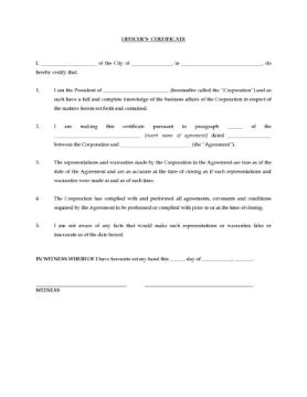 Canada Certificate of Representations and Warranties Certificate of Representations and Warranties form for Canadian corporation