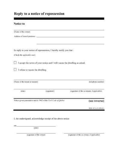 Picture of Quebec Reply to Notice of Repossession