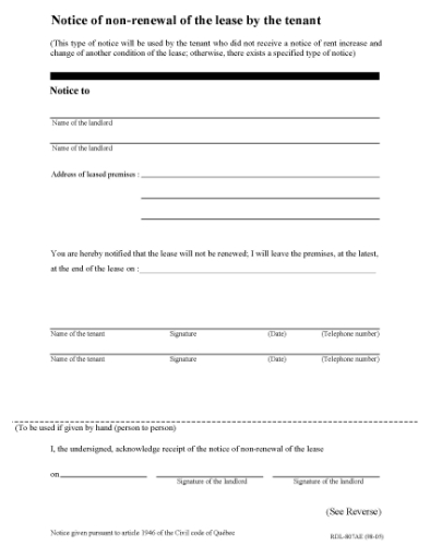 Picture of Quebec Notice of Non-Renewal of Lease by Tenant