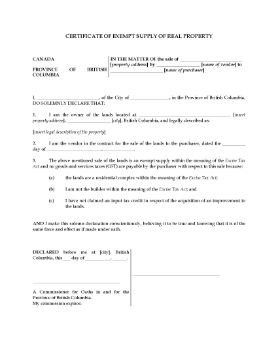 Show details for Brtitish Columbia GST Exemption Certificate for Sale of Real Property Picture of Brtitish Columbia GST Exemption Certificate for Sale of Real Property