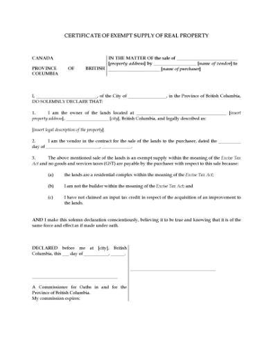 Picture of Brtitish Columbia GST Exemption Certificate for Sale of Real Property