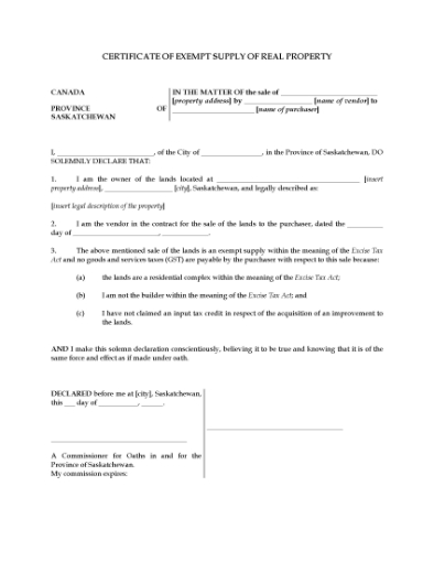 Picture of Saskatchewan GST Exemption Certificate for Sale of Real Property