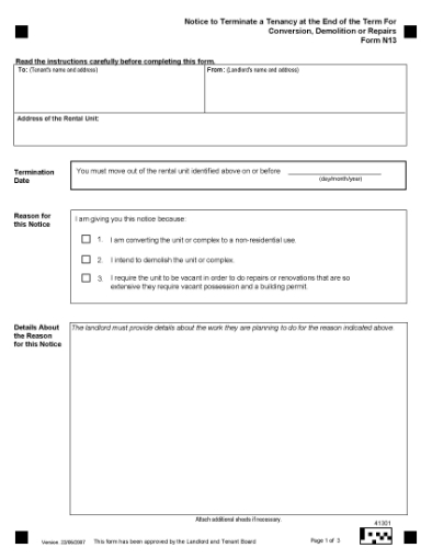Picture of Ontario Notice to Terminate Tenancy for Conversion, Demolition or Repairs