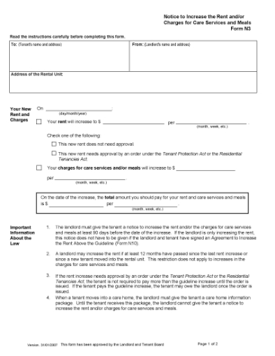 Picture of Ontario Notice to Increase Rent and/or Charges for Care Services and Meals