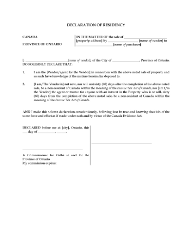 Picture of Ontario Declaration of Residency
