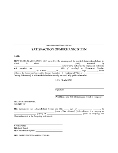 Picture of Minnesota Satisfaction of Mechanics Lien