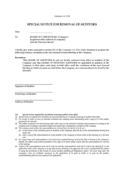 UK Special Notice to Remove Auditors Special Notice to Remove Auditors of a United Kingdom company
