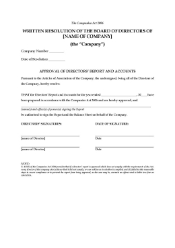 UK Board Resolution to Approve Directors Report and Accounts UK Board Resolution to Approve Directors Report and Accounts
