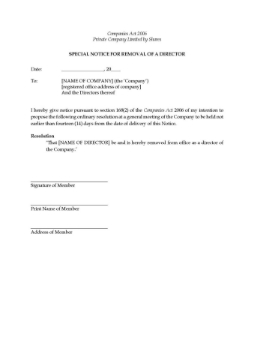 UK Special Notice for Removal of a Director UK Special Notice for Removal of a Director
