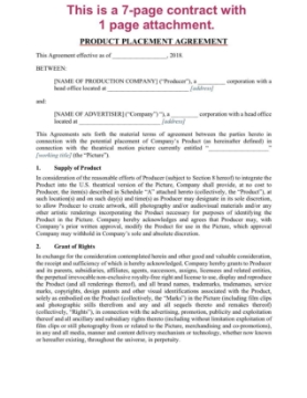 Show details for Product Placement Agreement for Film product placement agreement